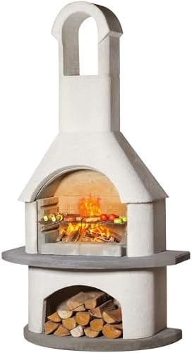 Concrete Outdoor Fireplace with Grill, Wood Burning Fireplace with Wood Storage and Chimney, Include Grill Rack & Charcoal Pan, 79.9”H