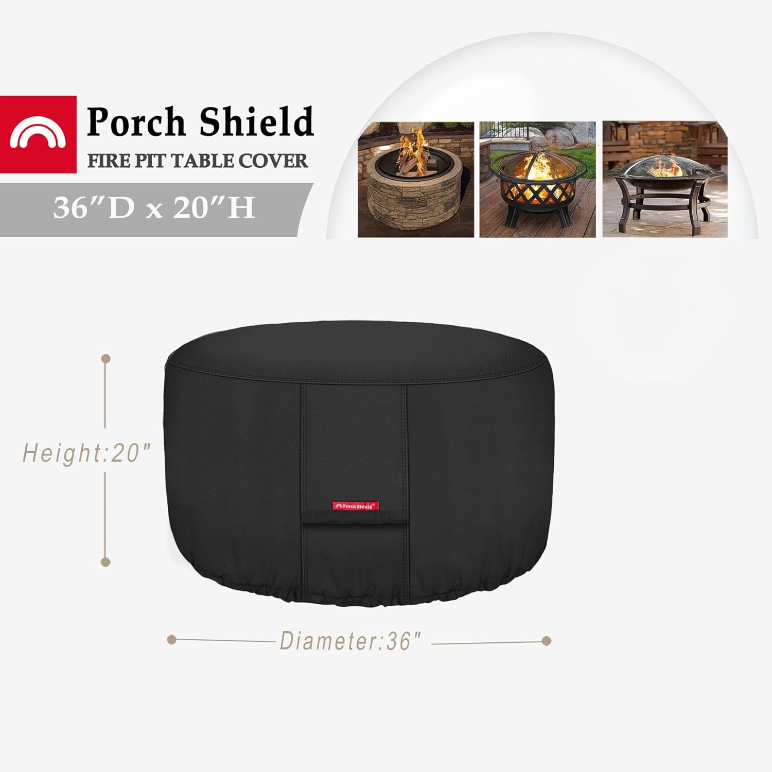 Porch Shield Fire Pit Cover - Waterproof 600D Heavy Duty Fade Resistant Round Patio Fire Bowl Cover Black - 36 inch