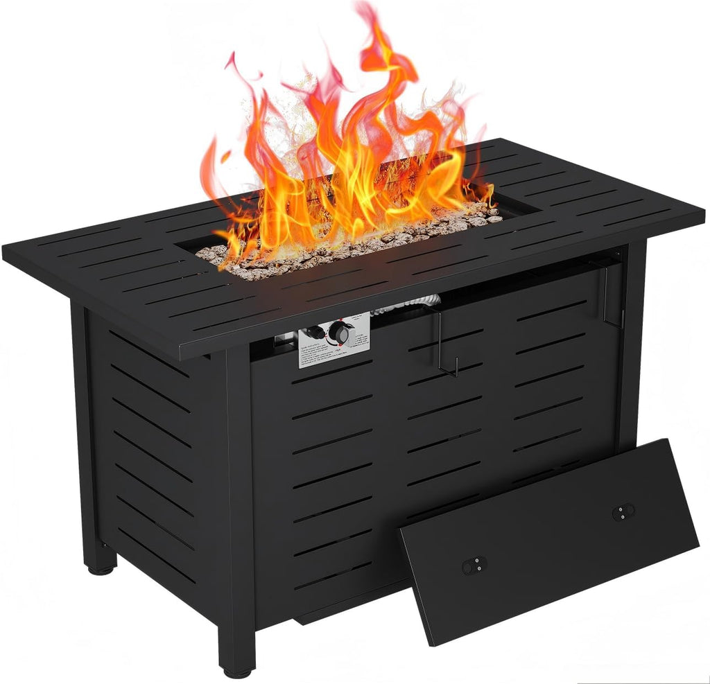 Aoxun 41 Inch Propane Fire Pit–50,000 BTU Gas Fire Pit Table with Removable Lid & Lava Rocks, Rectangle Firepit Table for Outside, Patio, Deck, Backyard, Black