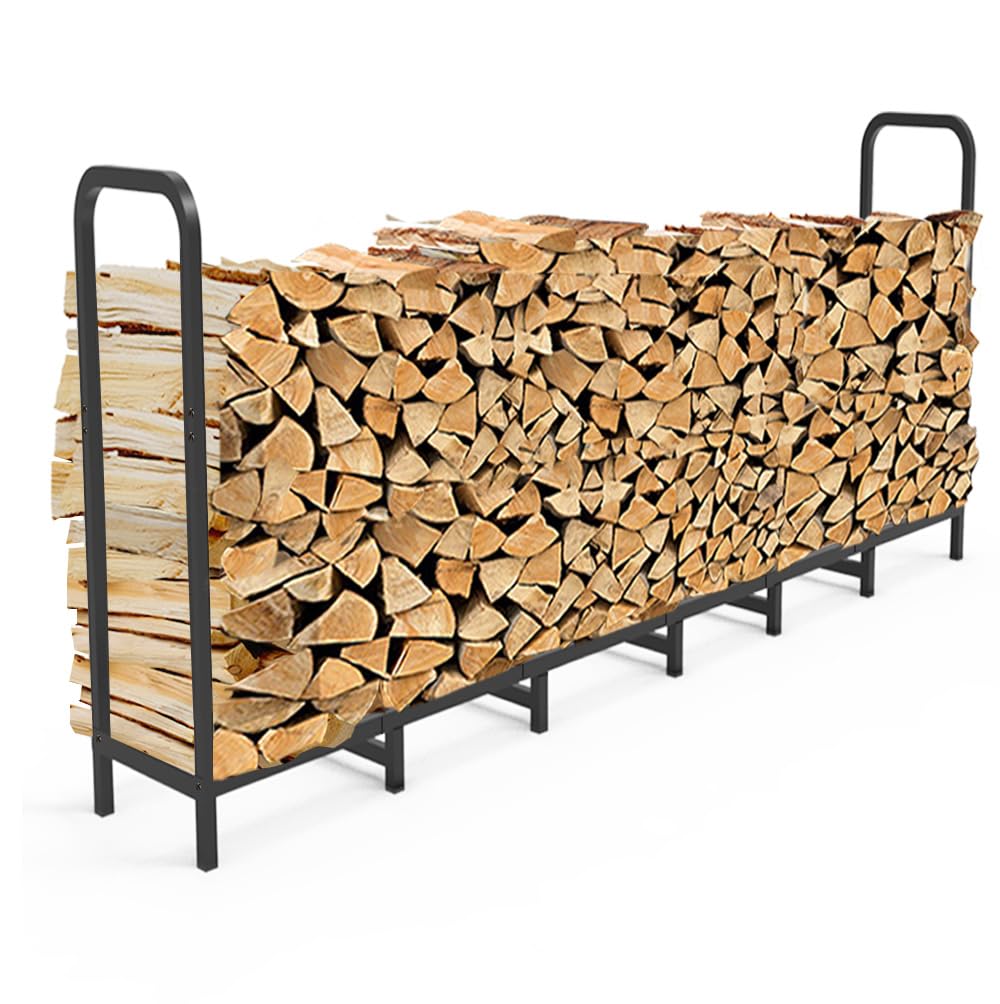 8ft Firewood Rack Holder, Adjustable Heavy Duty Fire Log Stacker Stand for Fireplace, Outdoor Indoor Metal Wood Pile Storage Organizer, Patio Logs Stand tool, Black