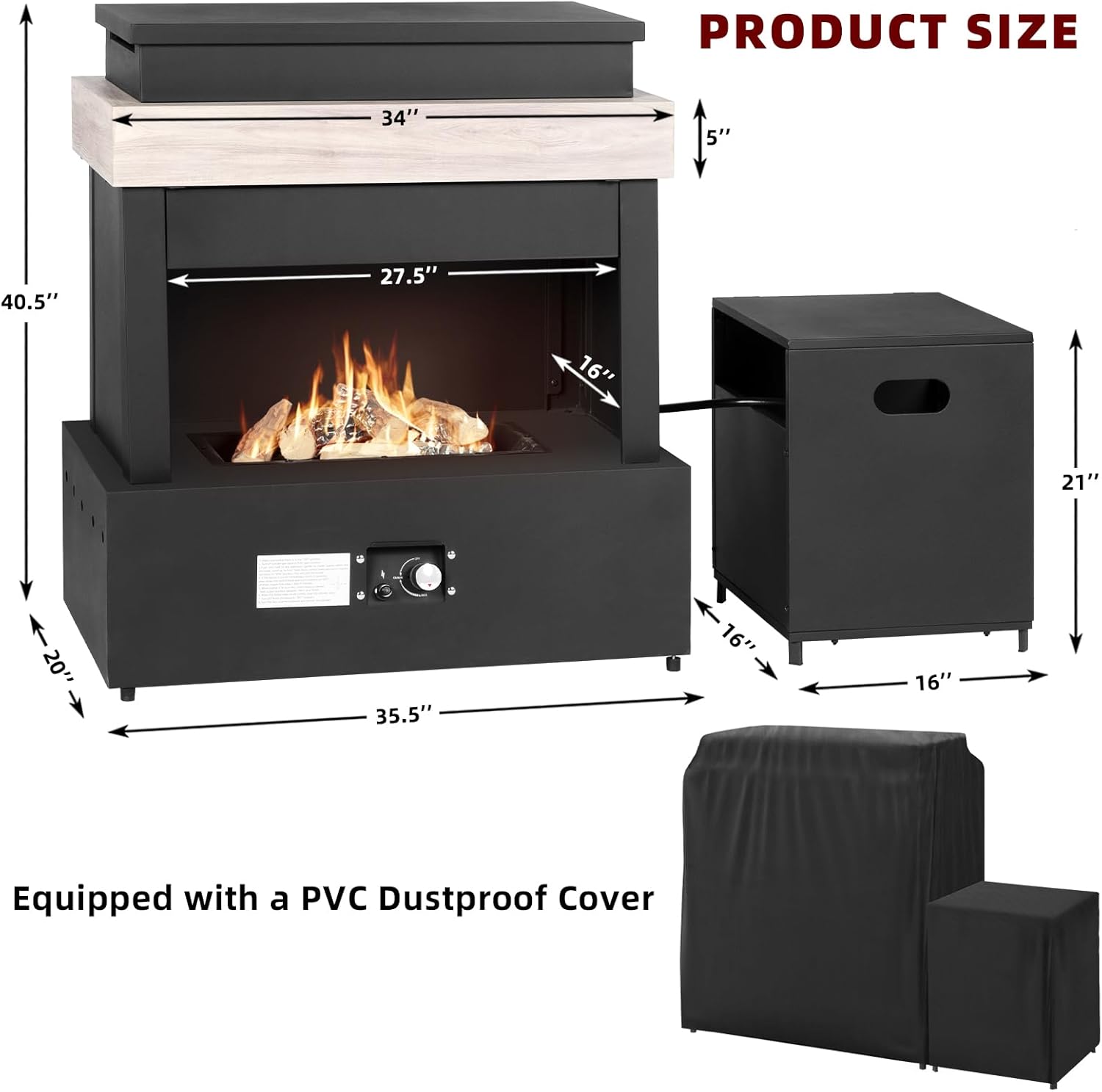 Outdoor Propane Fireplace with Tank Storage,35’’ Smokeless Fireplace with Rain Cover,CSA Certified 50,000 BTU Patio Gas Fire Pit for Deck,Backyard,Garden,Balcony by DNKMOR