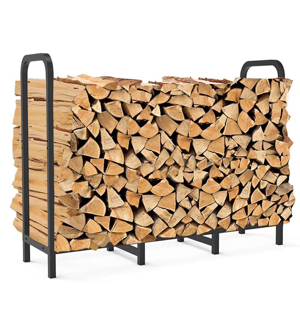 8ft Firewood Rack Holder, Adjustable Heavy Duty Fire Log Stacker Stand for Fireplace, Outdoor Indoor Metal Wood Pile Storage Organizer, Patio Logs Stand tool, Black