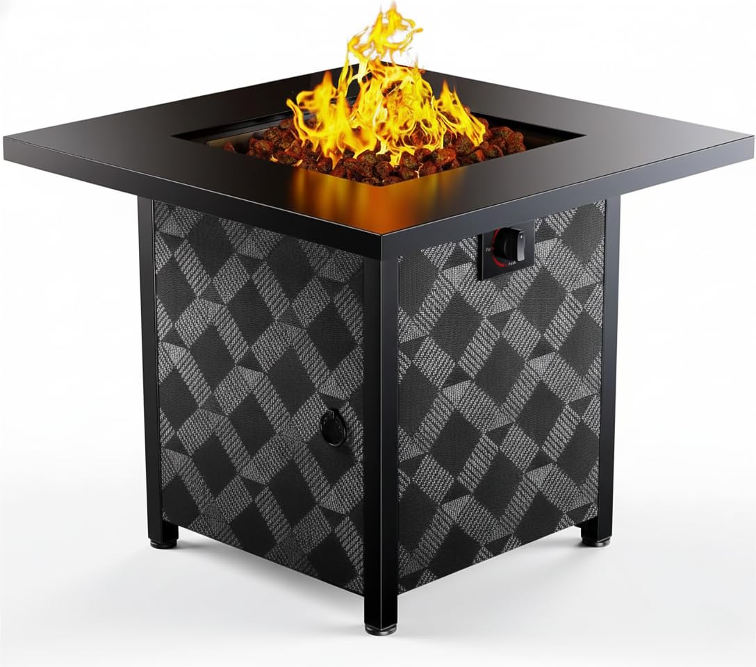 Ciays 28 Inch Propane Fire Pit CSA-Listed Outdoor Fire Pit Table, 50,000 BTU Steel Gas Fire Pits with Lid and Lava Rock, Add Warmth and Ambience to Parties On Patio Deck Garden,Black,CIFPT3-N1