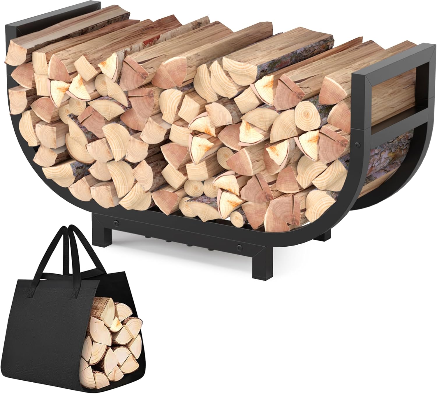 30-inch Firewood Rack Outdoor Indoor with Log Carrier Bag, Stable Log Holder Rustproof Metal Wood Rack for Fireplace Patio Deck Firepit, Heavy Duty Firewood Storage Organizer Tool, Black