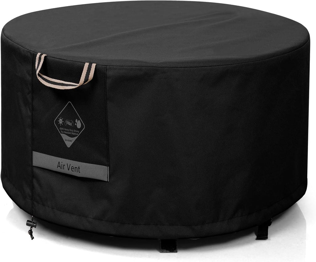 QH.HOME Fire Pit Cover Round, 100% Waterproof, 600D Strong Tear Resistant, Outdoor Firepit Covers Round Fits 33",34 inch ,35 inch,36 inch Fire Pit Cover, 36” Dia X 20”H -Black .