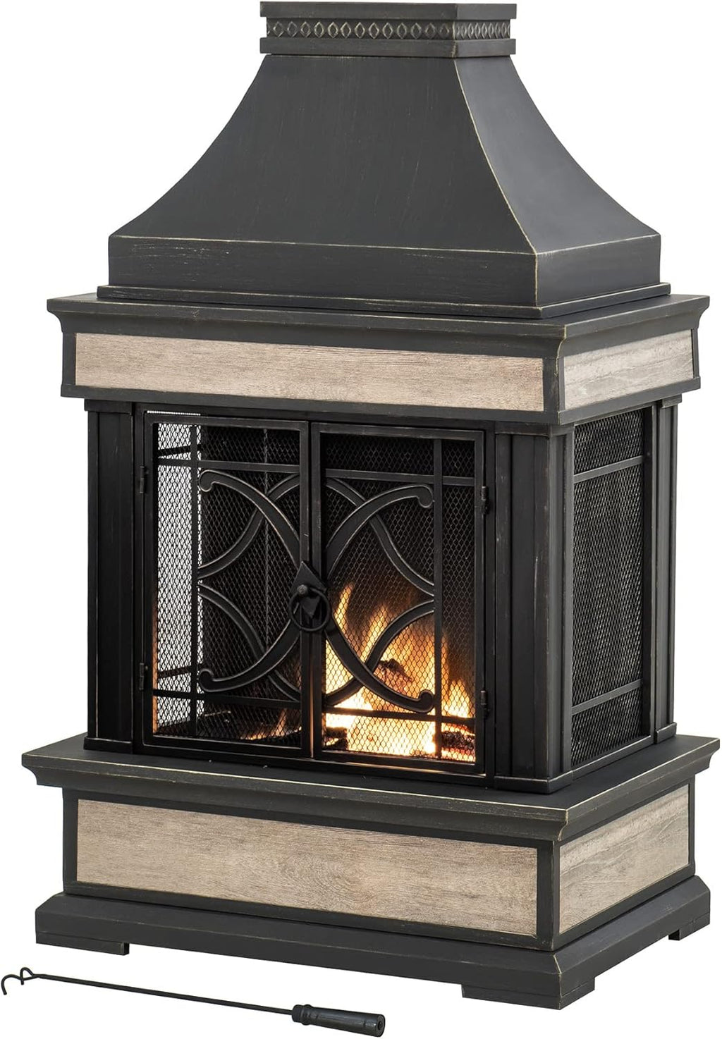 Sunjoy Outdoor Fireplace, Stone Look Tile Patio Wood Burning Steel Fireplace with Chimney, Spark Screen, Fire Poker, Rain Cover, and Removable Grate, Black with Golden Highlight