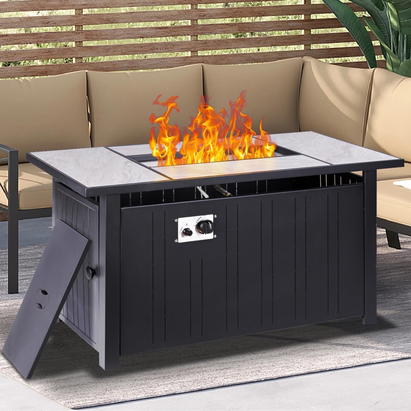 OutVue 30" Propane Fire Pit with Real Ceramic Tabletop, 50000 BTU Gas Firepit Table with Lid & Glass Rock, Outdoor Fire Pit for Dining or Party, Firepit for Outside, Patio, Garden, Yard