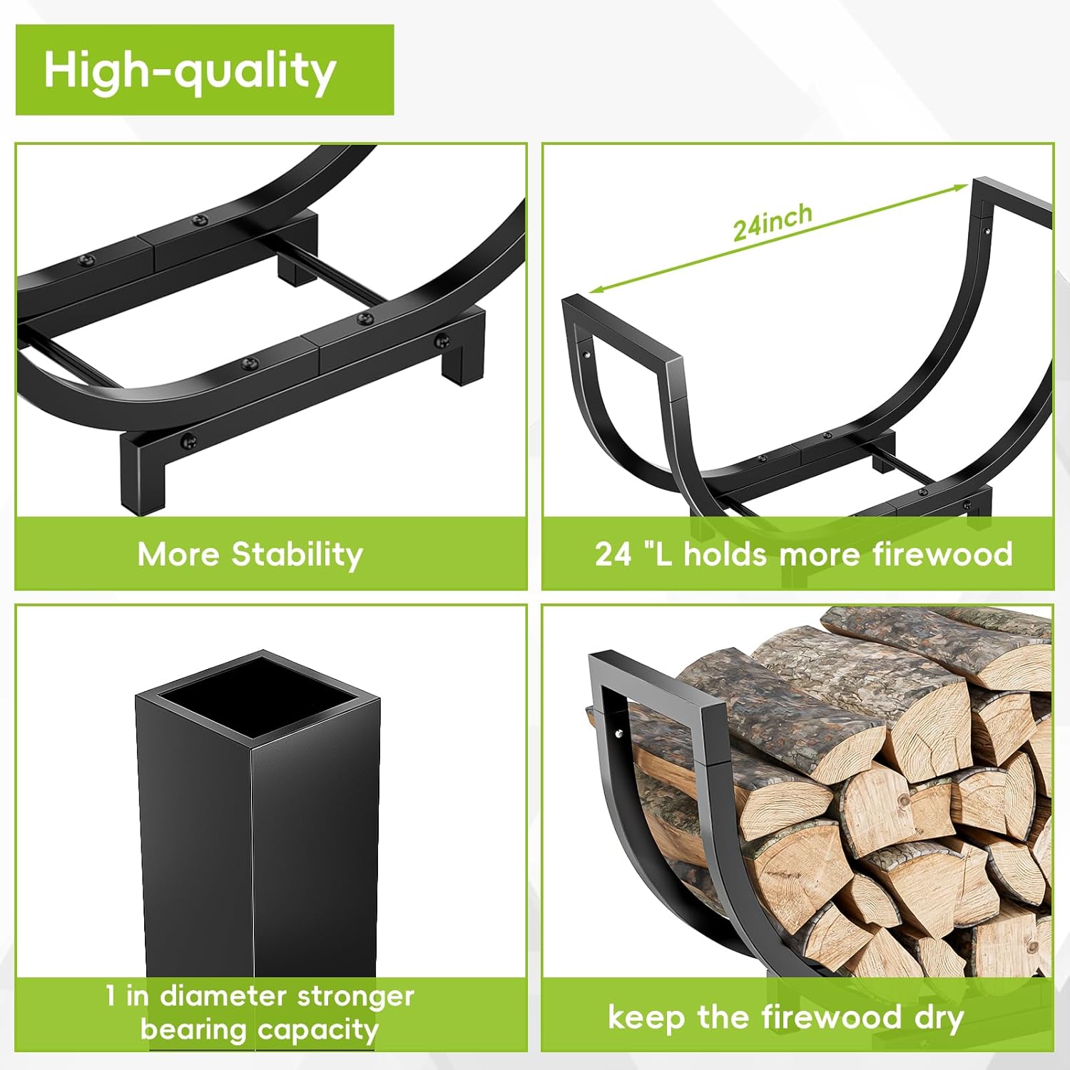 Dicasser Firewood Rack Outdoor and Indoor Firewood Storage, 24 INCH Double Coated Fire Wood Organizer, Waterproof Rustproof Stable Log Holder and Fireplace Decor, Black