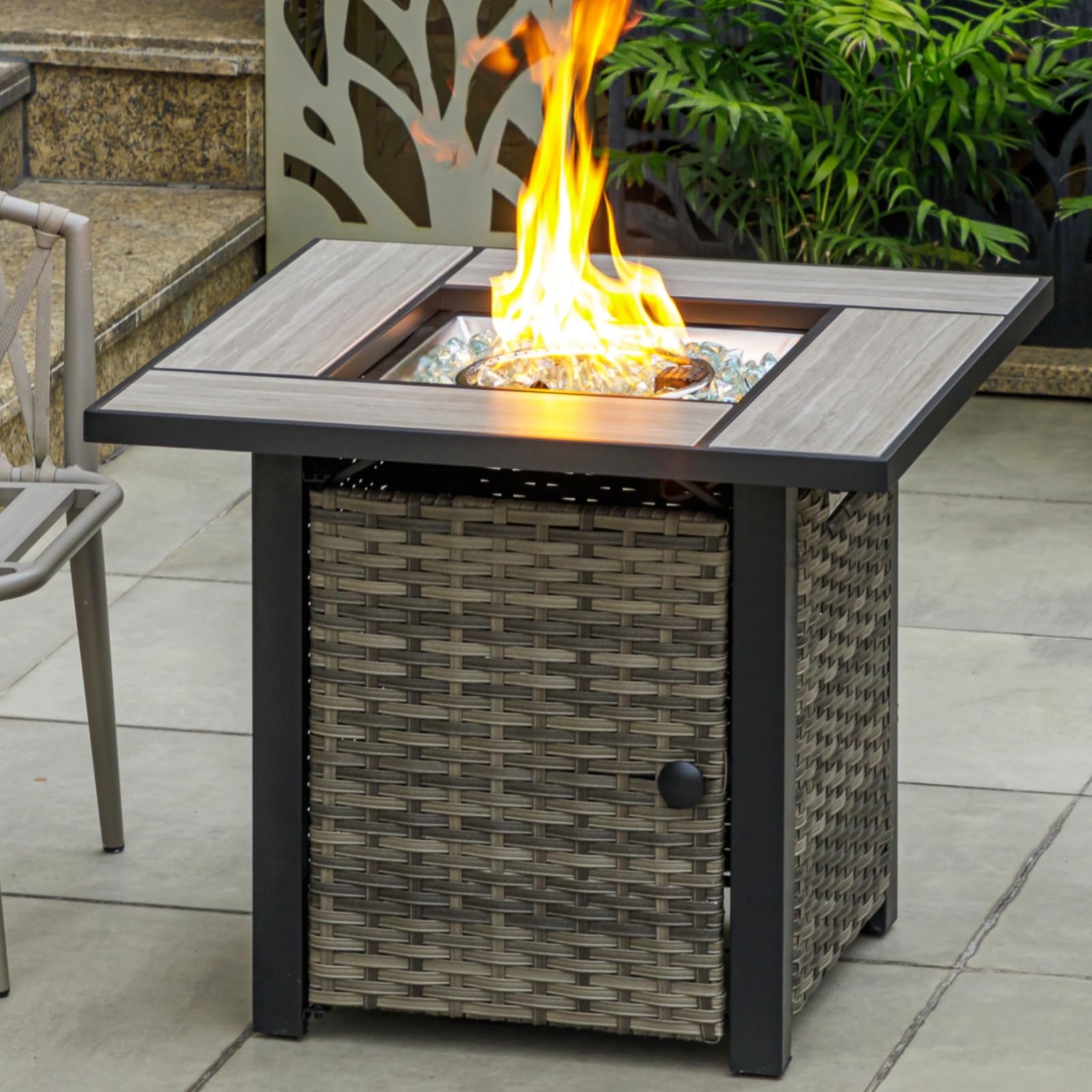 OutVue 30" Propane Fire Pit with Real Ceramic Tabletop, 50000 BTU Gas Firepit Table with Lid & Glass Rock, Outdoor Fire Pit for Dining or Party, Firepit for Outside, Patio, Garden, Yard