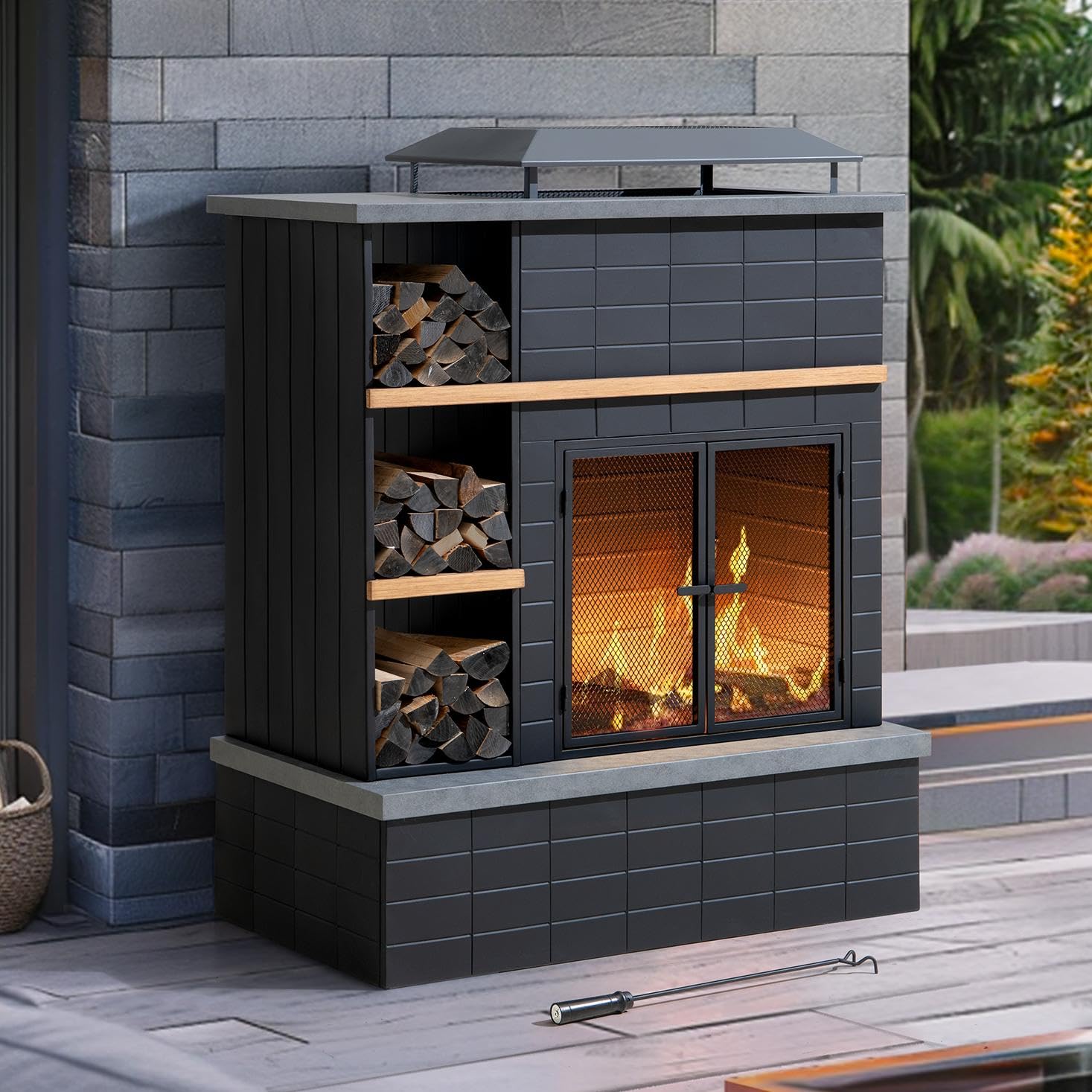 Sunjoy Outdoor Fireplace, Patio Wood Burning Fireplace with Steel Chimney, Mesh Spark Screen Doors, Fire Poker, and Removable Grate, Copper and Black