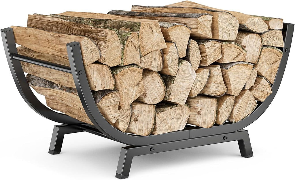 Firewood Rack - 25 inch Outdoor Indoor Metal Firewood Holder With Thickened Trapezoid Base-Double Coated Waterproof Rustproof Fireplace Firewood Stand, Black
