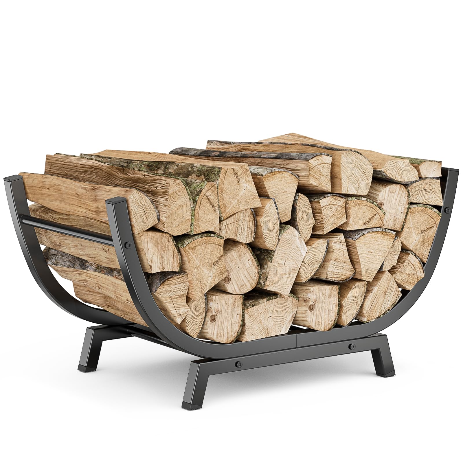 Firewood Rack - 25 inch Outdoor Indoor Metal Firewood Holder With Thickened Trapezoid Base-Double Coated Waterproof Rustproof Fireplace Firewood Stand, Black