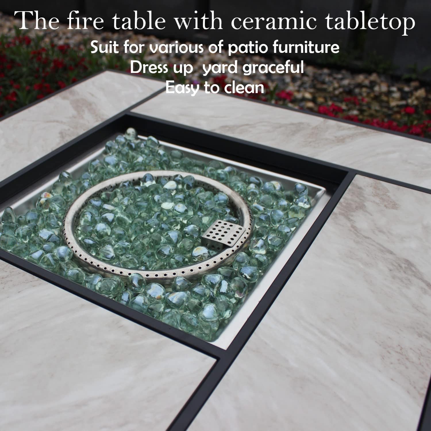 OutVue 30" Propane Fire Pit with Real Ceramic Tabletop, 50000 BTU Gas Firepit Table with Lid & Glass Rock, Outdoor Fire Pit for Dining or Party, Firepit for Outside, Patio, Garden, Yard