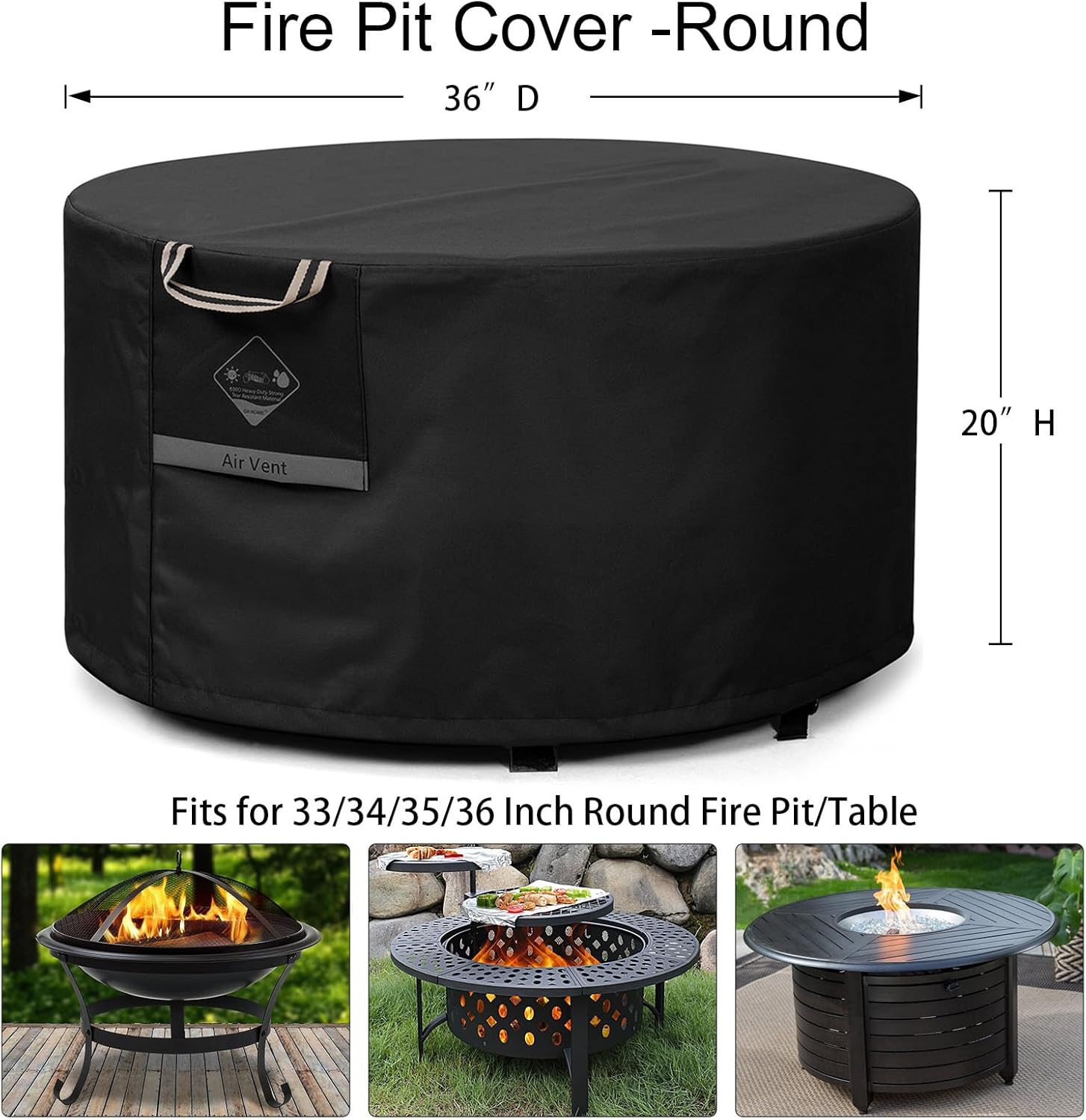 QH.HOME Fire Pit Cover Round, 100% Waterproof, 600D Strong Tear Resistant, Outdoor Firepit Covers Round Fits 33",34 inch ,35 inch,36 inch Fire Pit Cover, 36” Dia X 20”H -Black .