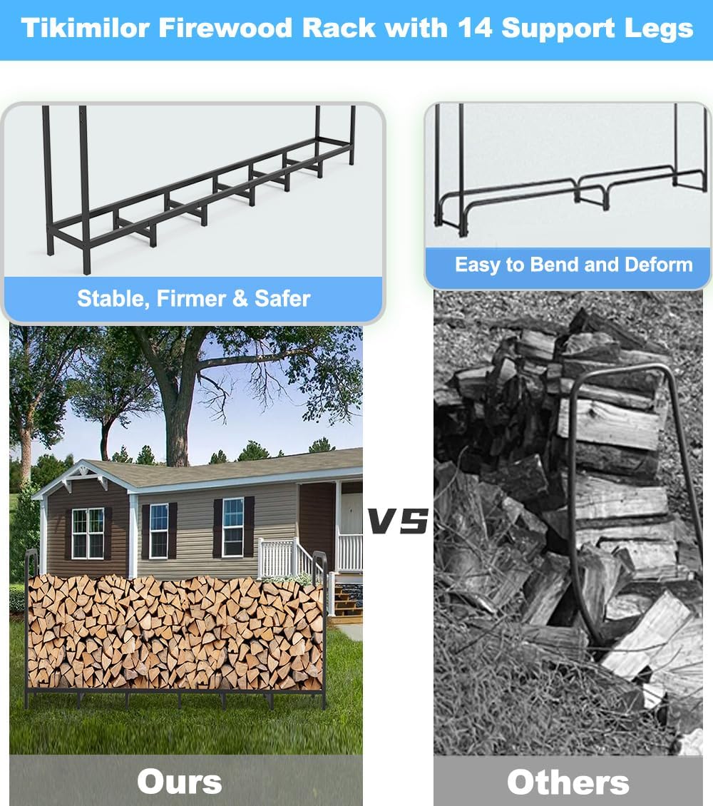 8ft Firewood Rack Holder, Adjustable Heavy Duty Fire Log Stacker Stand for Fireplace, Outdoor Indoor Metal Wood Pile Storage Organizer, Patio Logs Stand tool, Black