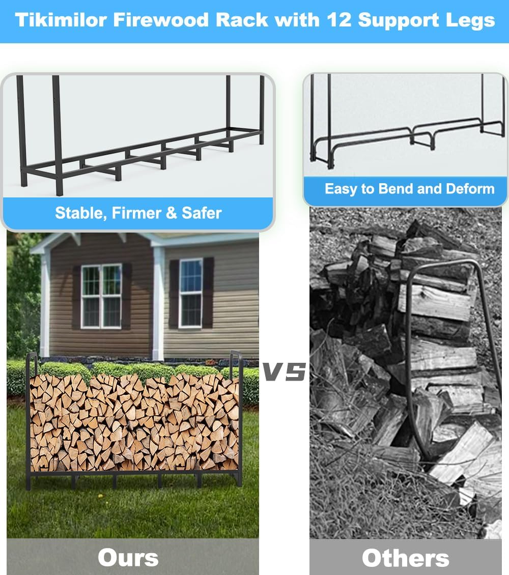 6.7ft Firewood Rack Holder, Adjustable Heavy Duty Fire Log Stacker Stand for Fireplace, Outdoor Indoor Metal Wood Pile Storage Organizer, Patio Logs Stand tool, Black