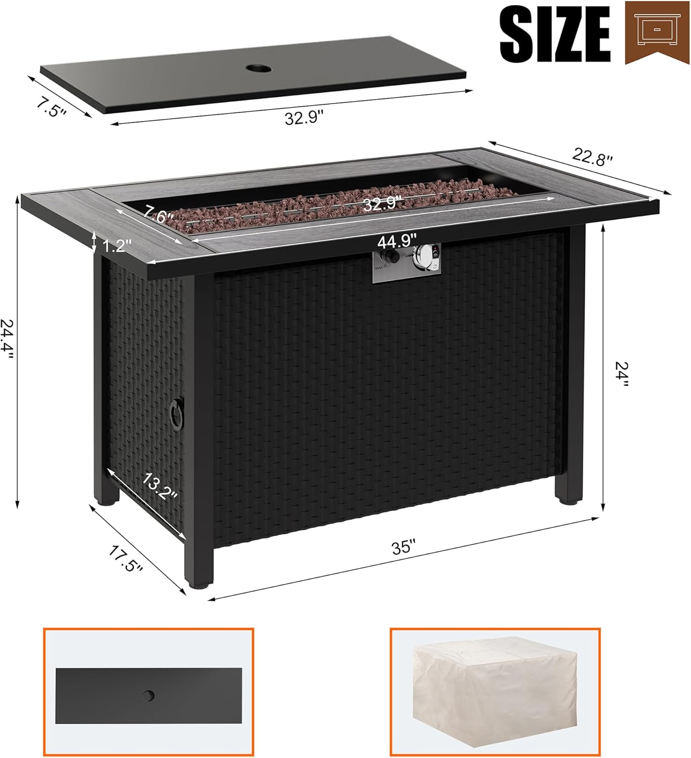 45 inch Propane Fire Pit Table, 50,000 BTU Outdoor Gas Fire Pit Table with Lid, Waterproof Cover, Rectangle Gas Firepit Table for Garden/Patio
