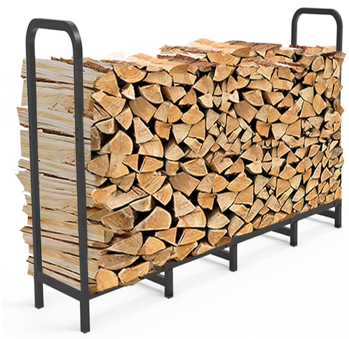 8ft Firewood Rack Holder, Adjustable Heavy Duty Fire Log Stacker Stand for Fireplace, Outdoor Indoor Metal Wood Pile Storage Organizer, Patio Logs Stand tool, Black