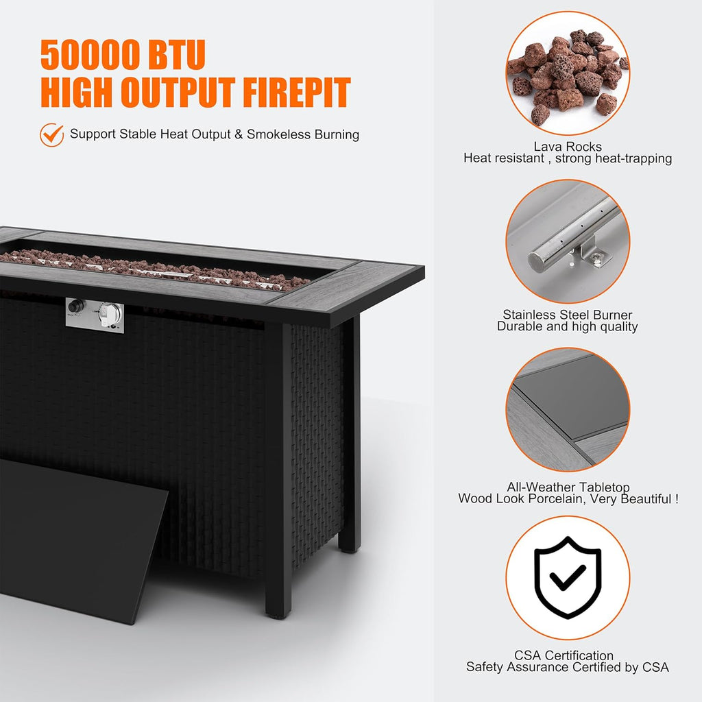 45 inch Propane Fire Pit Table, 50,000 BTU Outdoor Gas Fire Pit Table with Lid, Waterproof Cover, Rectangle Gas Firepit Table for Garden/Patio