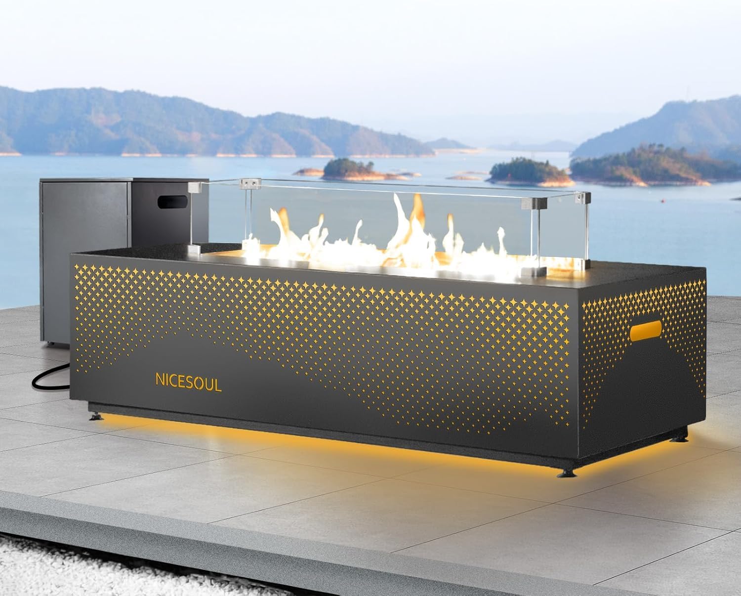 NICESOUL 42" Outdoor Propane Fire Pit Table, 50,000 BTU Rectangle Natural Gas Firepit with Tank Table, No Assembly Low Profile Fire Table for Outside Patio & Backyard, CSA Certified, Grayish White
