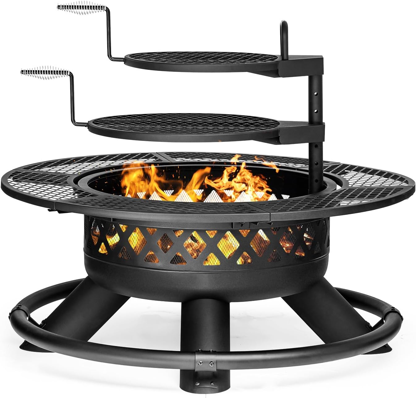 Panovue 36 Inch Fire Pit with Grill,Wood Burning Fire Pits for Outside with Lid& Fire Poker,Round Metal Firepit Table 3 in 1 with Cooking Grate,Outdoor Firepits for Yard Patio Bonfire Camping(Black)