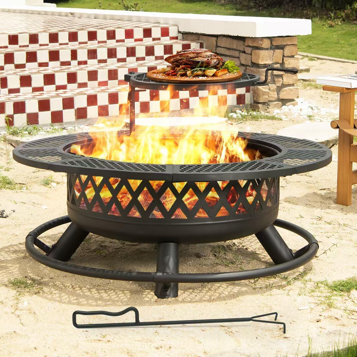 Panovue 36 Inch Fire Pit with Grill,Wood Burning Fire Pits for Outside with Lid& Fire Poker,Round Metal Firepit Table 3 in 1 with Cooking Grate,Outdoor Firepits for Yard Patio Bonfire Camping(Black)