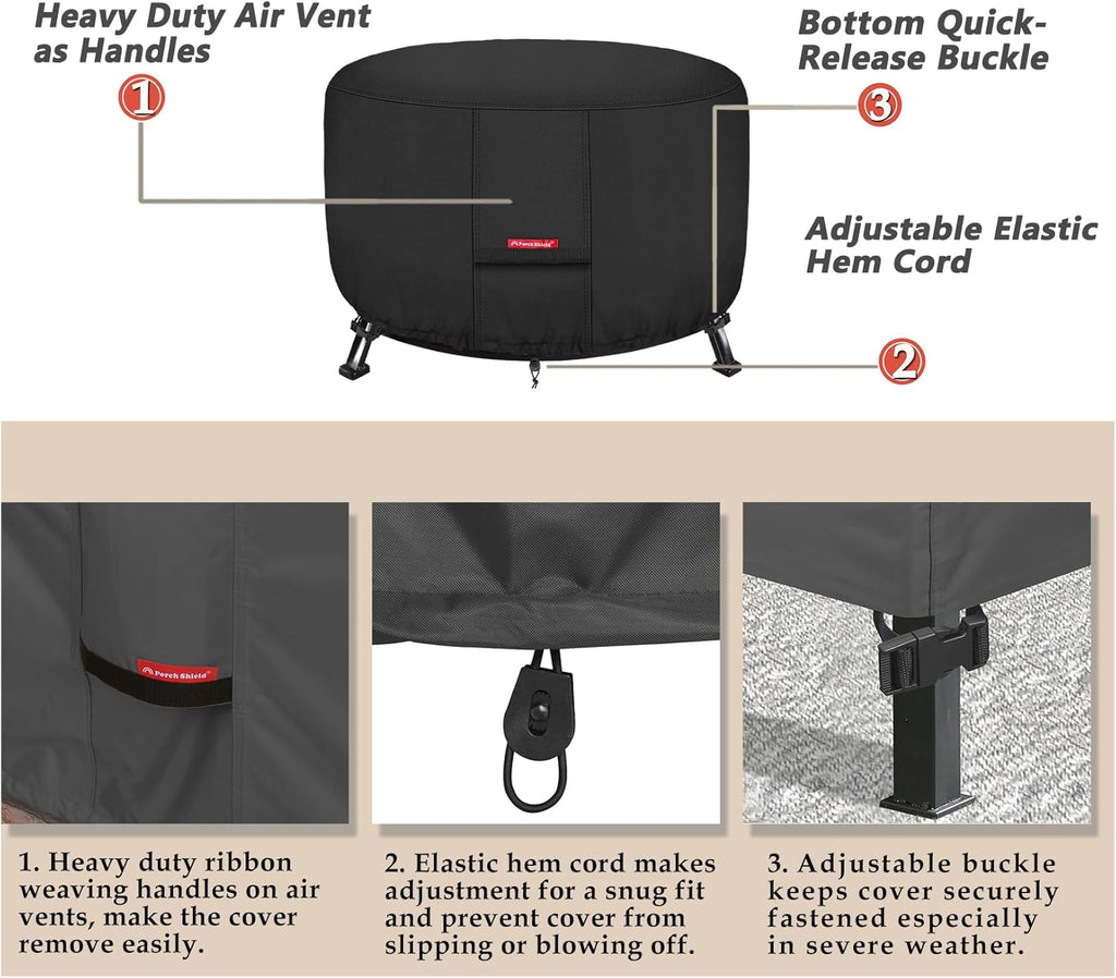 Porch Shield Fire Pit Cover - Waterproof 600D Heavy Duty Fade Resistant Round Patio Fire Bowl Cover Black - 32 inch