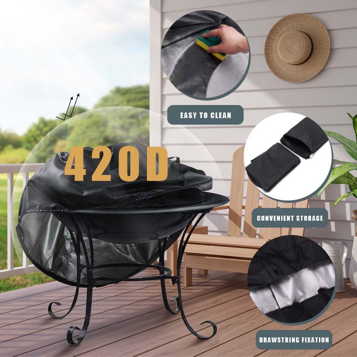 KISEER Fire Pit Cover Heavy Duty 420D Waterproof Round Fire Pit Bowl Cover with Thick PVC Coating Drawstring, 38 Inch Black