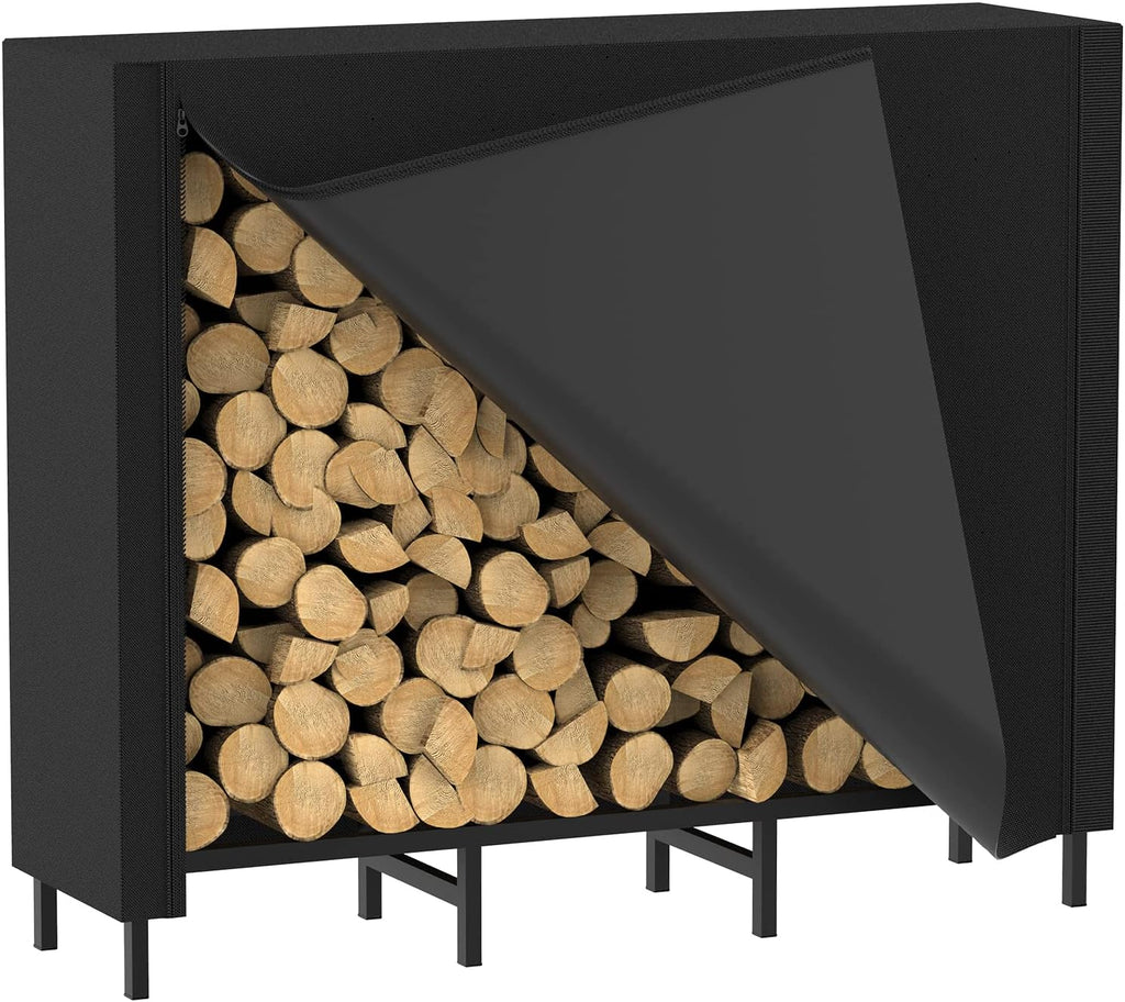 CADUKE 4ft Firewood Rack with Cover, Outdoor Firewood Log Rack for Fireplace, Indoor Firewood Storage, Heavy Duty Fire Wood Stand, Black