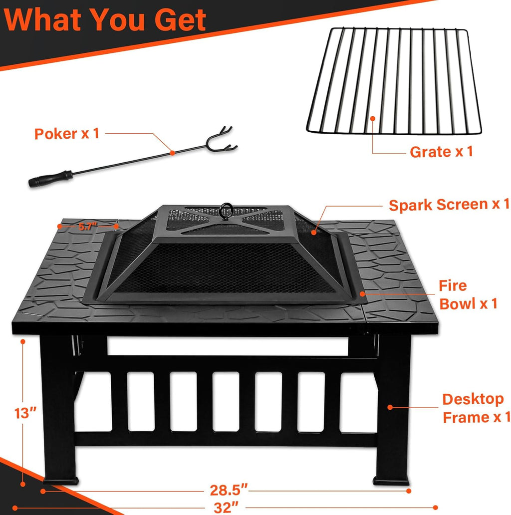 32 Inch Fire Pit Table with Fire Poker & Spark Screen, Outdoor Burning Fire Pits, 3 in 1 Metal Square Firepit Stove for Outside Heating, Bonfire Party, Camping, Patio, Garden