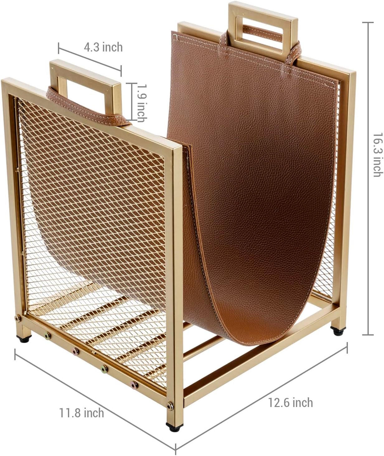 MyGift Modern Gold Tone Metal Firewood Stand with Brown Leatherette Wood Holder Sling, Wire Mesh Design and Top Carrying Handles, Compact Log Splits Kindling Storage Rack