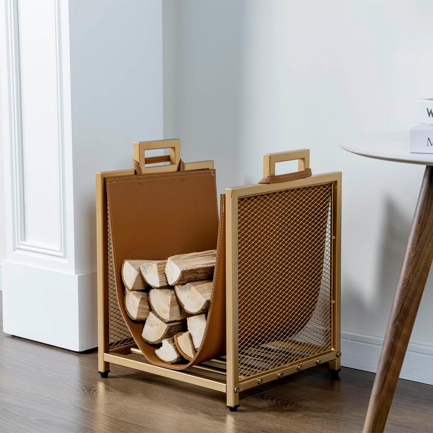 MyGift Modern Gold Tone Metal Firewood Stand with Brown Leatherette Wood Holder Sling, Wire Mesh Design and Top Carrying Handles, Compact Log Splits Kindling Storage Rack