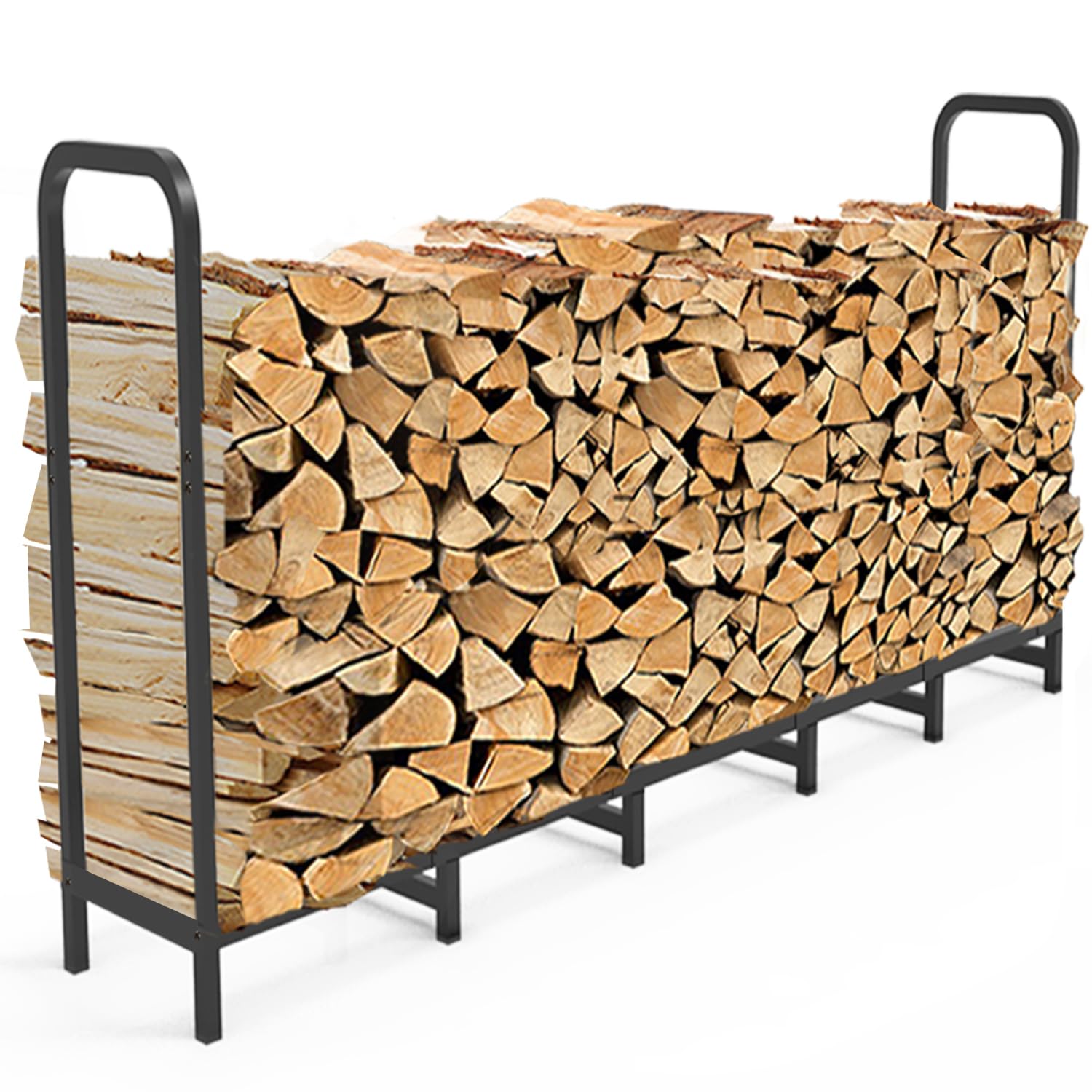 8ft Firewood Rack Holder, Adjustable Heavy Duty Fire Log Stacker Stand for Fireplace, Outdoor Indoor Metal Wood Pile Storage Organizer, Patio Logs Stand tool, Black