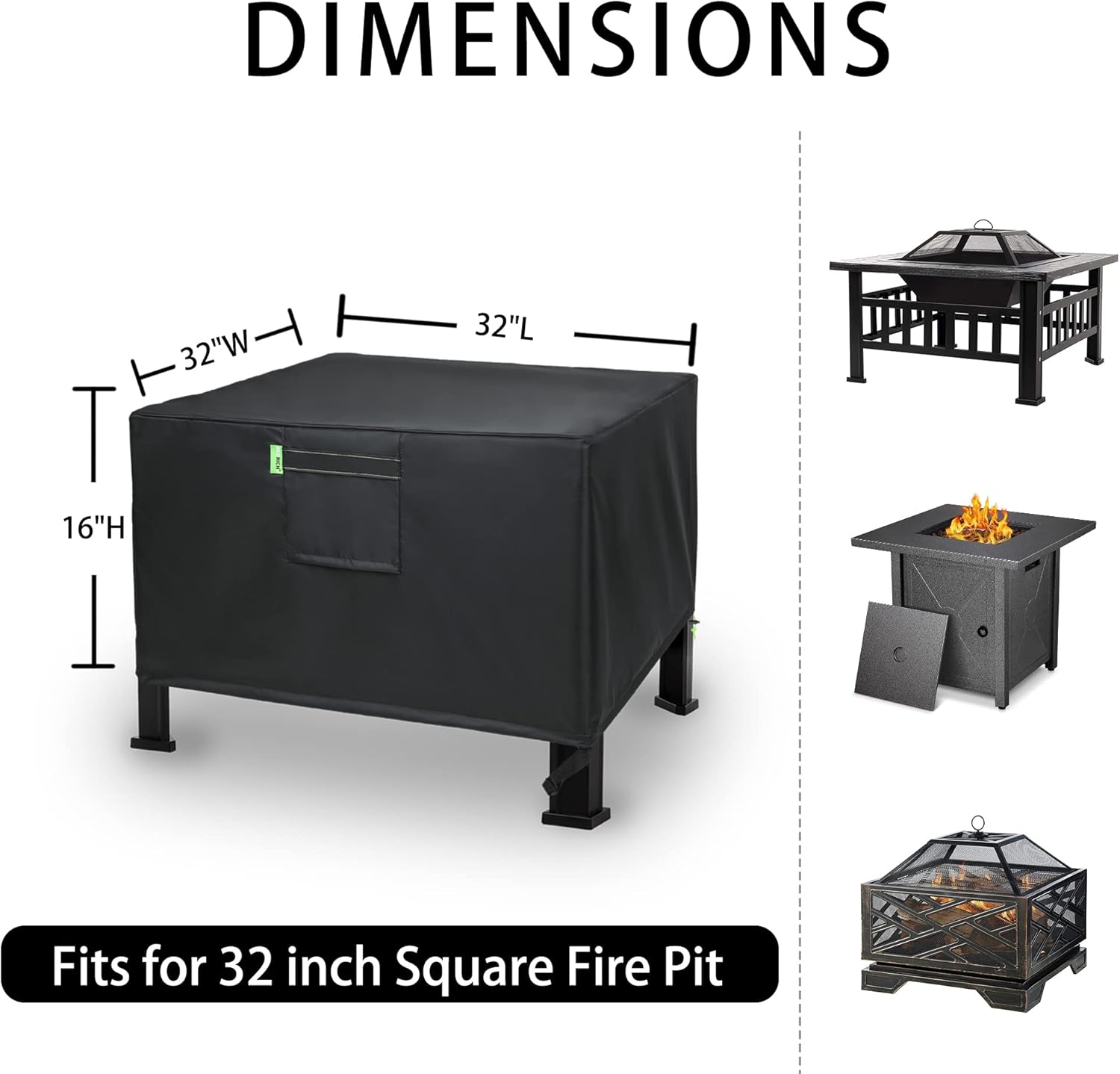 REDRICH Fire Pit Cover Square – Heavy Duty Outdoor Firepit Cover, Full Coverage Patio Outdoor Fireplace Cover, Dustproof Anti UV and Waterproof, 32’’L x 32’’W x 16’’H Black