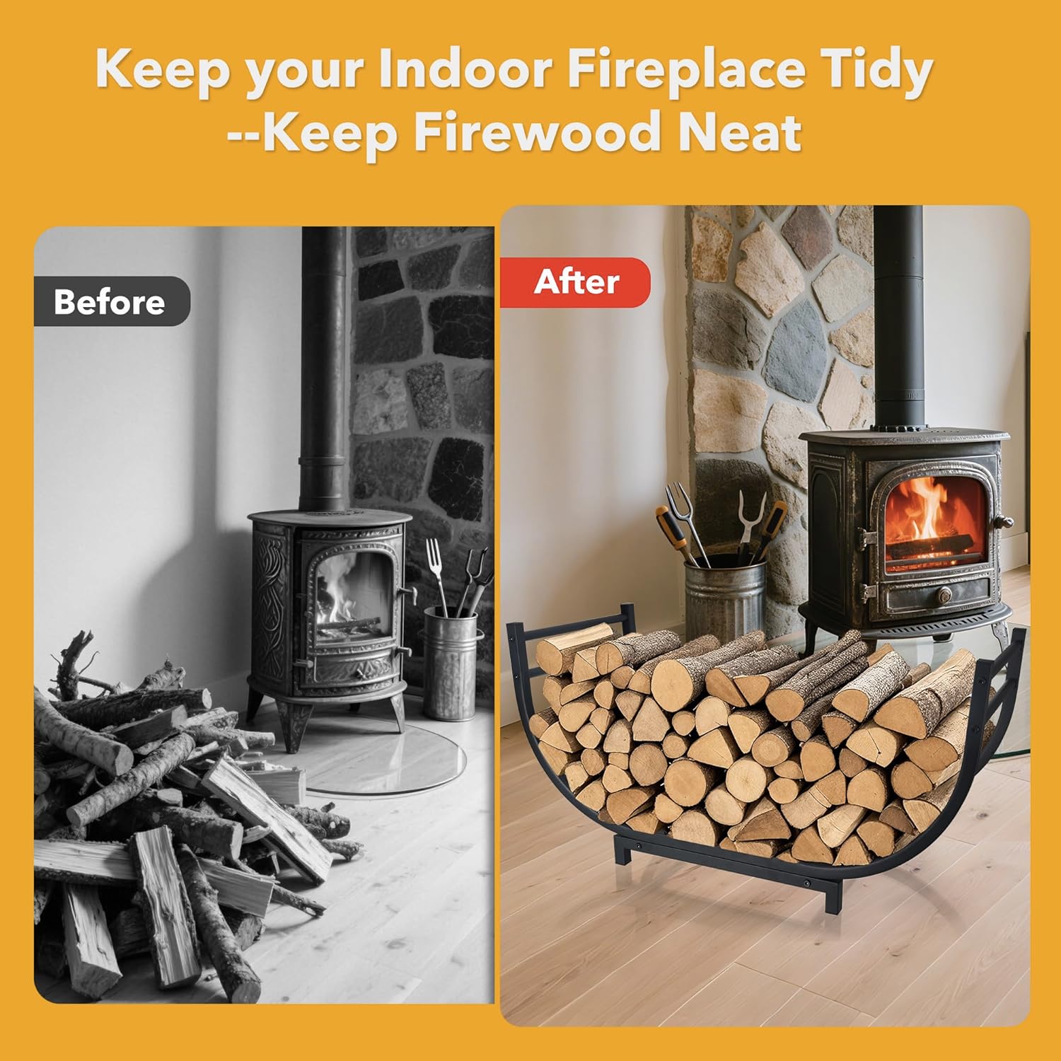 facka Curved Firewood Rack, 30 Inch Indoor Outdoor Log Firewood Holder, Metal Fireplace Wood Storage, Waterproof & Rustproof