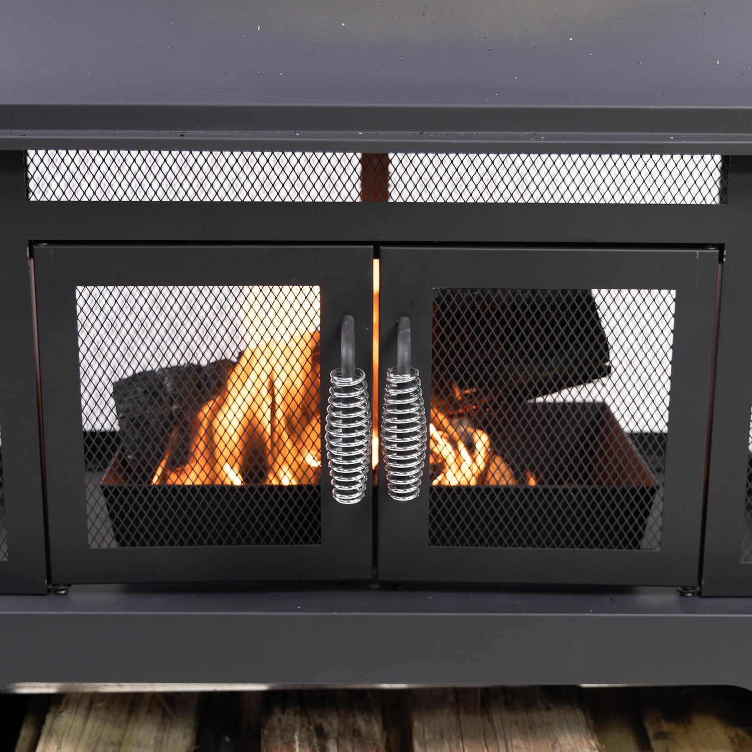70 Inch Rectangular Outdoor Steel Woodburning Fireplace with Side Tables - Integrated Log Storage and Log Poker