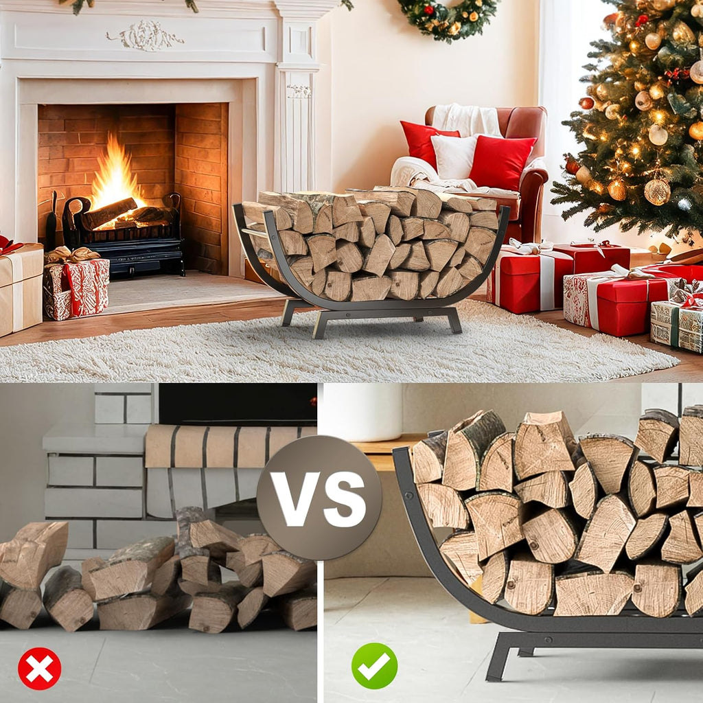 Firewood Rack - 25 inch Outdoor Indoor Metal Firewood Holder With Thickened Trapezoid Base-Double Coated Waterproof Rustproof Fireplace Firewood Stand, Black