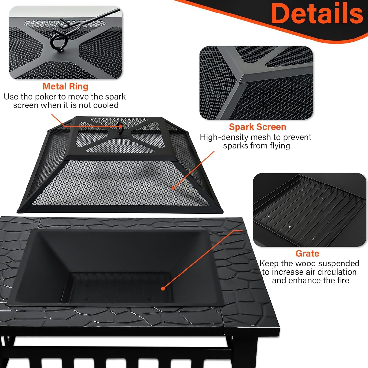 32 Inch Fire Pit Table with Fire Poker & Spark Screen, Outdoor Burning Fire Pits, 3 in 1 Metal Square Firepit Stove for Outside Heating, Bonfire Party, Camping, Patio, Garden