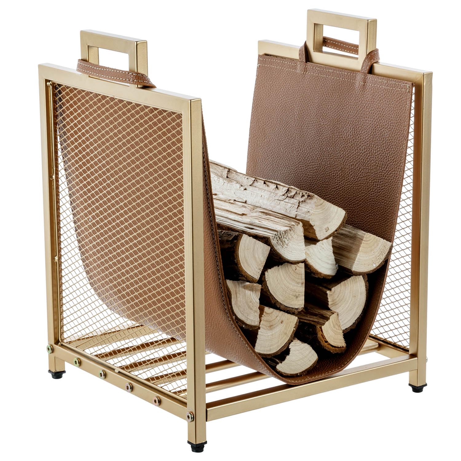 MyGift Modern Gold Tone Metal Firewood Stand with Brown Leatherette Wood Holder Sling, Wire Mesh Design and Top Carrying Handles, Compact Log Splits Kindling Storage Rack
