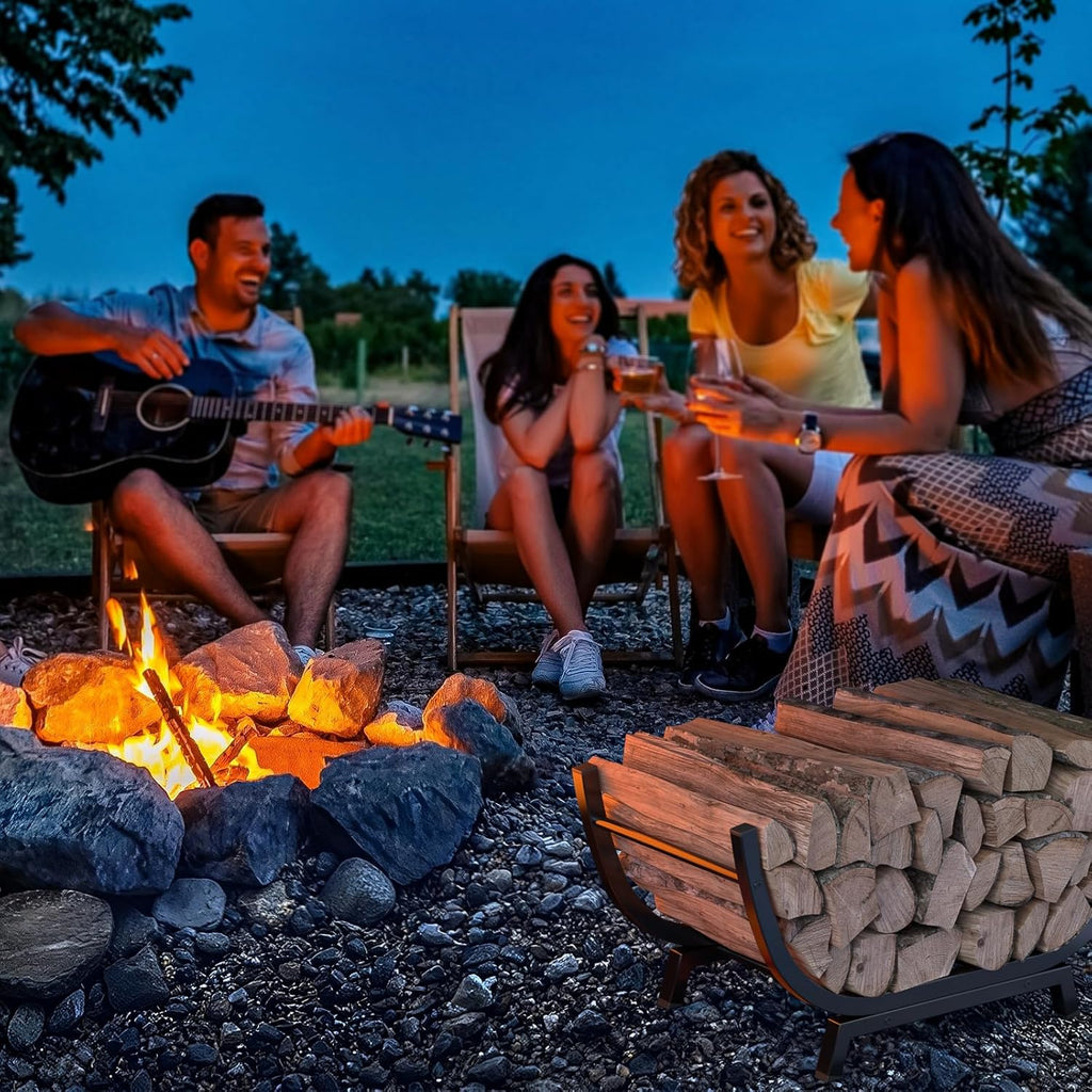 Firewood Rack - 25 inch Outdoor Indoor Metal Firewood Holder With Thickened Trapezoid Base-Double Coated Waterproof Rustproof Fireplace Firewood Stand, Black