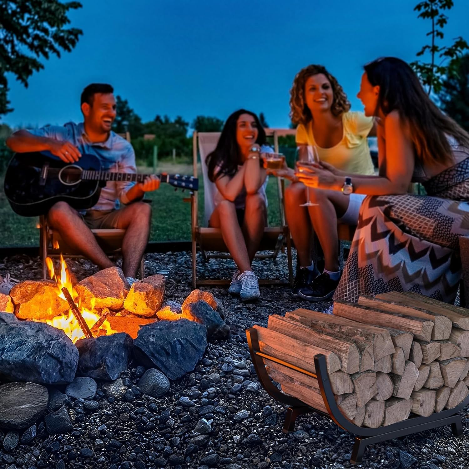 Firewood Rack - 25 inch Outdoor Indoor Metal Firewood Holder With Thickened Trapezoid Base-Double Coated Waterproof Rustproof Fireplace Firewood Stand, Black