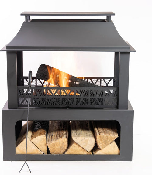 36" Rectangular Steel Outdoor Wood Burning Fireplace - Outdoor Fireplace with Adjustable Cooking Grill & Log Storage Compartment - Camping Fire Place with Safety Screen and Poker