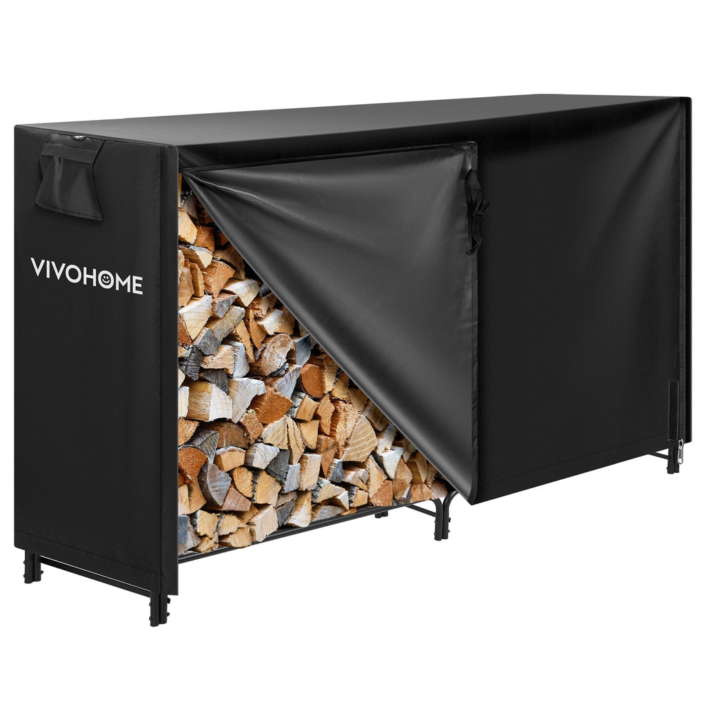 VIVOHOME 12 ft Heavy Duty Firewood Rack Outdoor with Cover, Fire Wood Storage Rack, Log Holder and Cover Combo Set with Zipper, Black