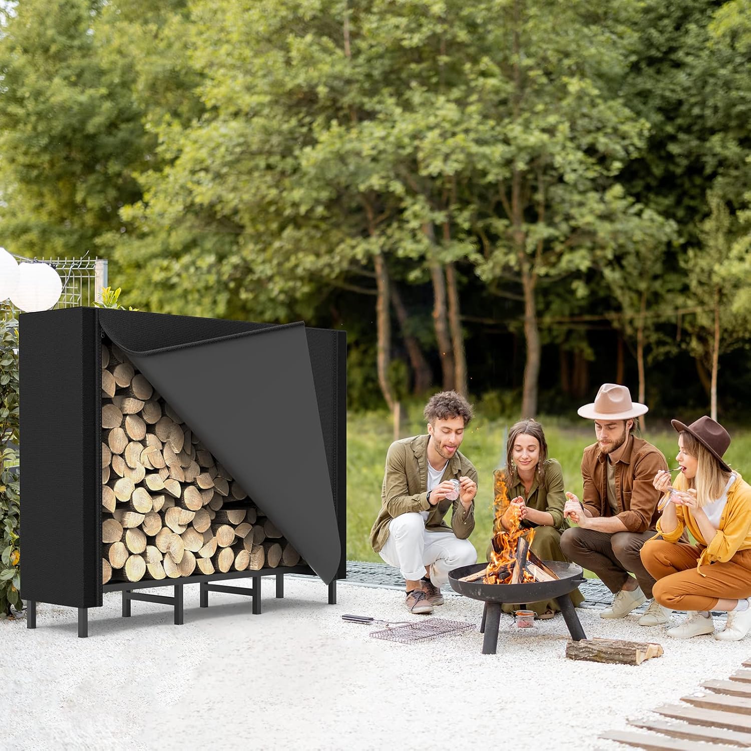 CADUKE 4ft Firewood Rack with Cover, Outdoor Firewood Log Rack for Fireplace, Indoor Firewood Storage, Heavy Duty Fire Wood Stand, Black