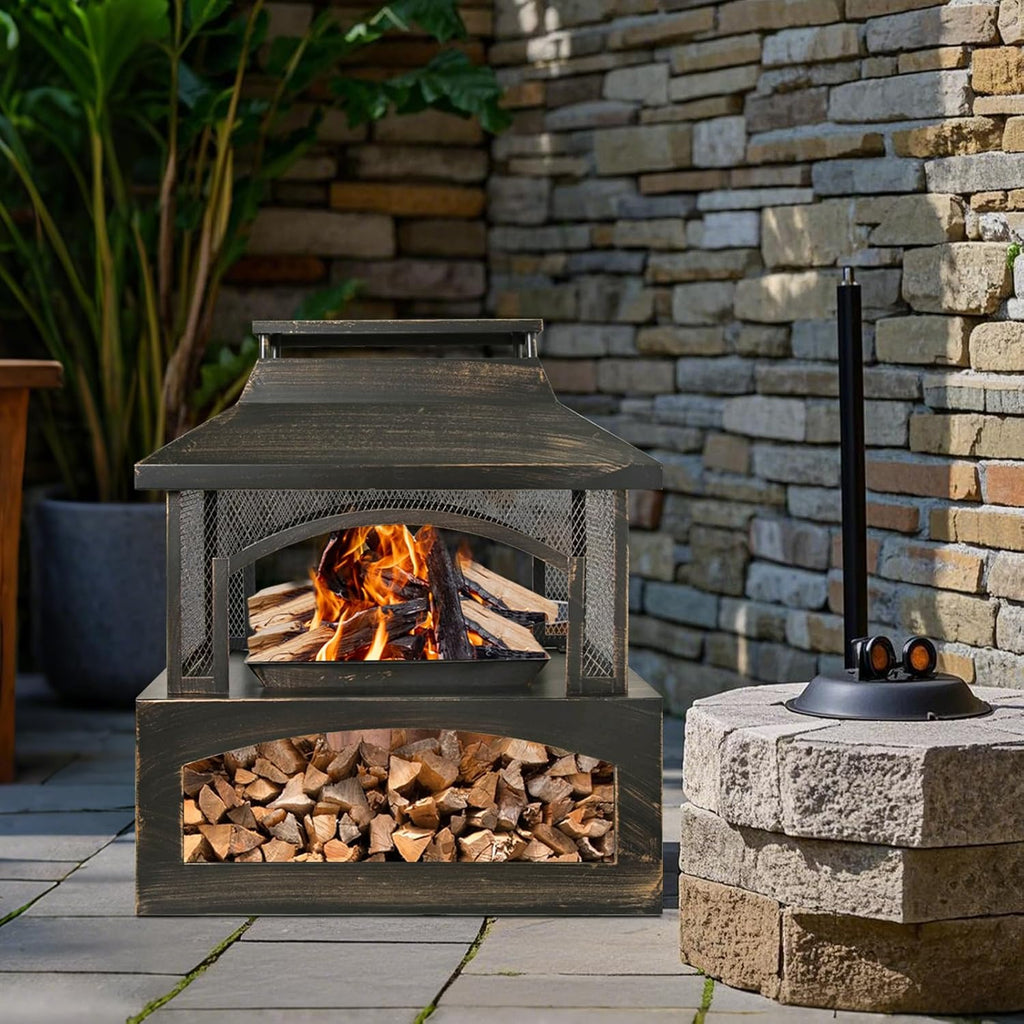 Outdoor Fire Pit Wood Burning Fireplace, Large Log Burner Firepit with Log Grate and Poker, Metal Firepit for Patio Garden Backyard Outside, 37 x 32 x 18 inch
