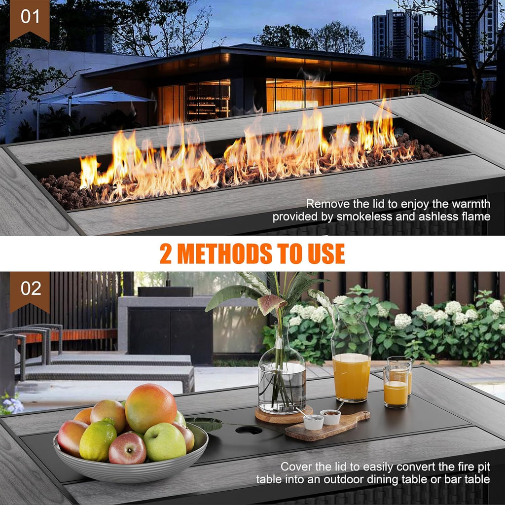 45 inch Propane Fire Pit Table, 50,000 BTU Outdoor Gas Fire Pit Table with Lid, Waterproof Cover, Rectangle Gas Firepit Table for Garden/Patio
