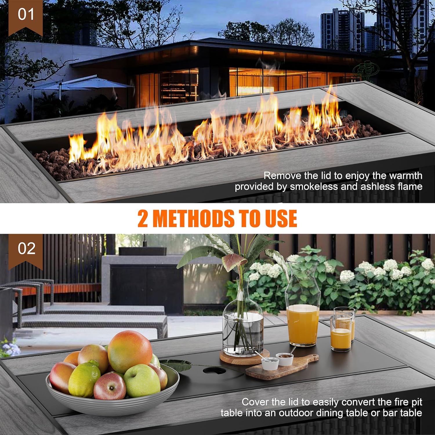 45 inch Propane Fire Pit Table, 50,000 BTU Outdoor Gas Fire Pit Table with Lid, Waterproof Cover, Rectangle Gas Firepit Table for Garden/Patio