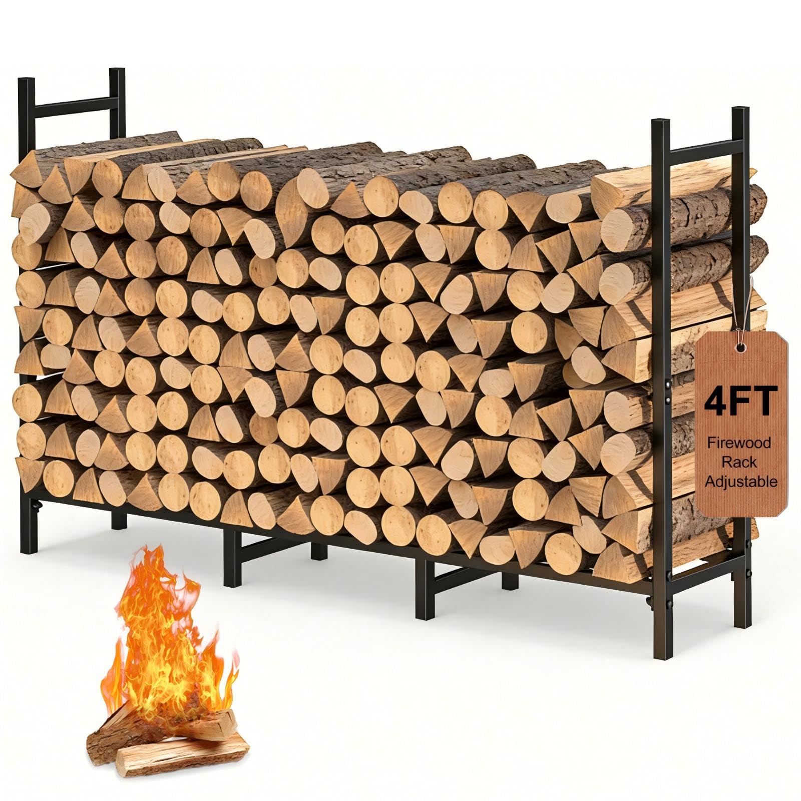 4FT Firewood Rack Indoor Outdoor, Heavy Duty Log Holder Stand for Fireplace, Adjustable Wood Storage Organizer with Weather-Resistant Tubular Steel, Cradle for Kindling & Stacking Logs