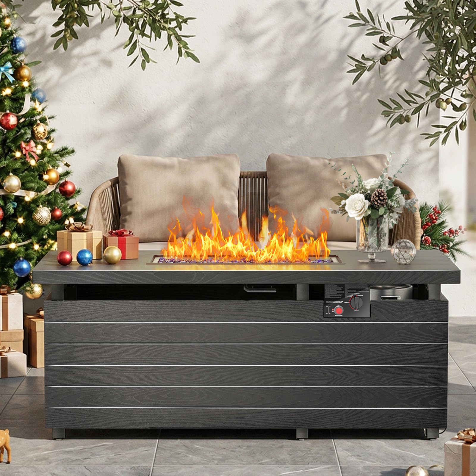 51” Outdoor Propane Fire Pit Table, 50,000 BTU Rectangular Gas Fire Pit with Lid & Blue Crystal Stones, Steel Tabletop, Adjustable Flame, 4-in-1 FirePit Table for Patio, Backyard, Outdoor Gatherings