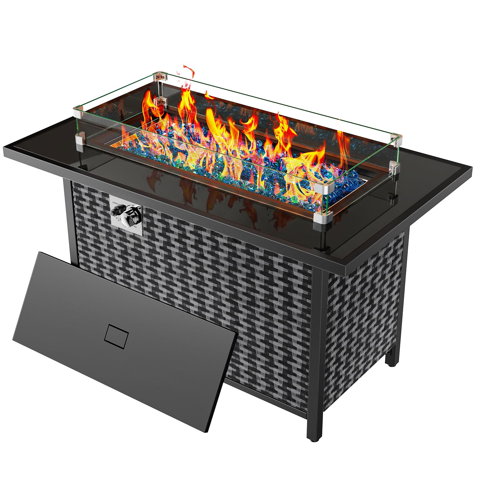 Ciays 43-Inch Rectangular Propane Fire Pit with 60,000 BTU Output, Fire Pit Table Premium Gas for Outside Patio with 304 Stainless Steel H-Burner, Glass Stones, and Wind Guard,Black
